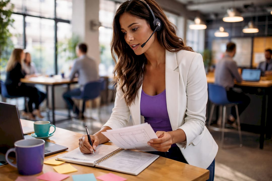 Sales rep calling clients at agency desk